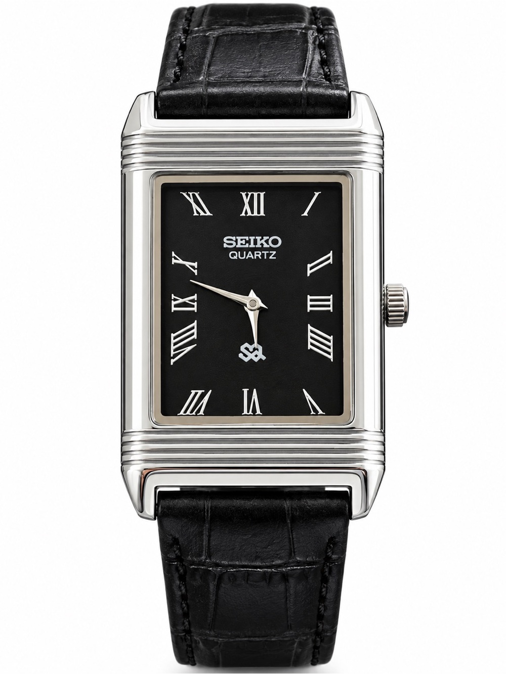 Vintage Seiko Reverso Frame Tank Watch Black Dial Silver Bezel